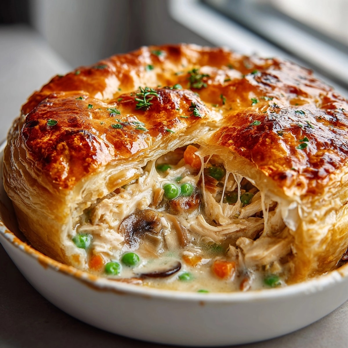 Homemade Creamy Chicken and Mushroom Pot Pie ready to serve, a perfect cozy dinner.