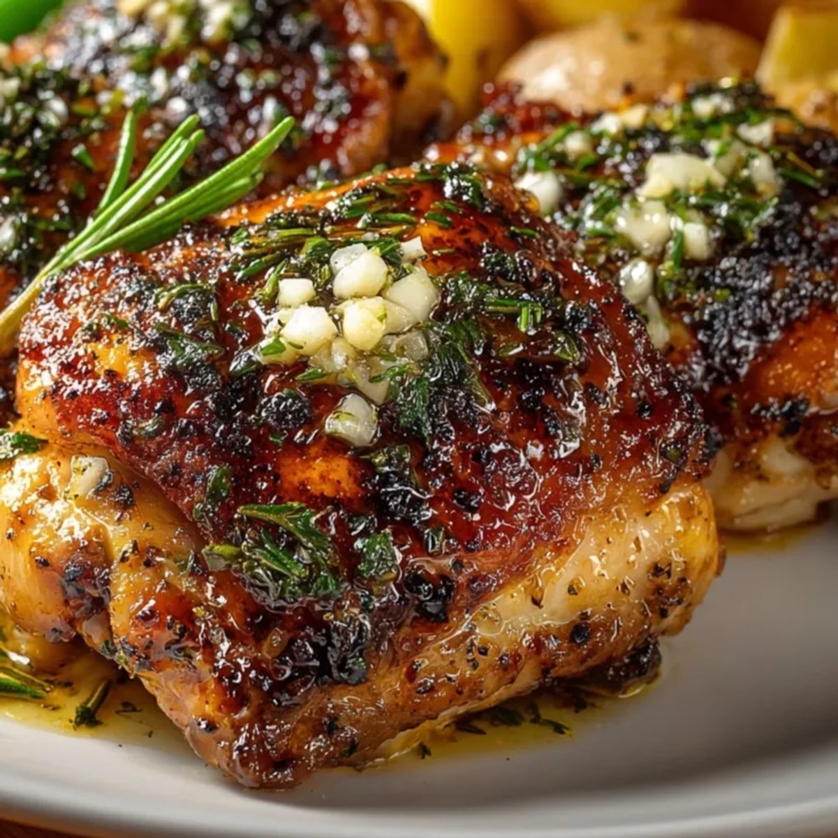 Juicy Garlic Herb Roasted Chicken Thighs: Golden brown, crispy skin, ready to serve.