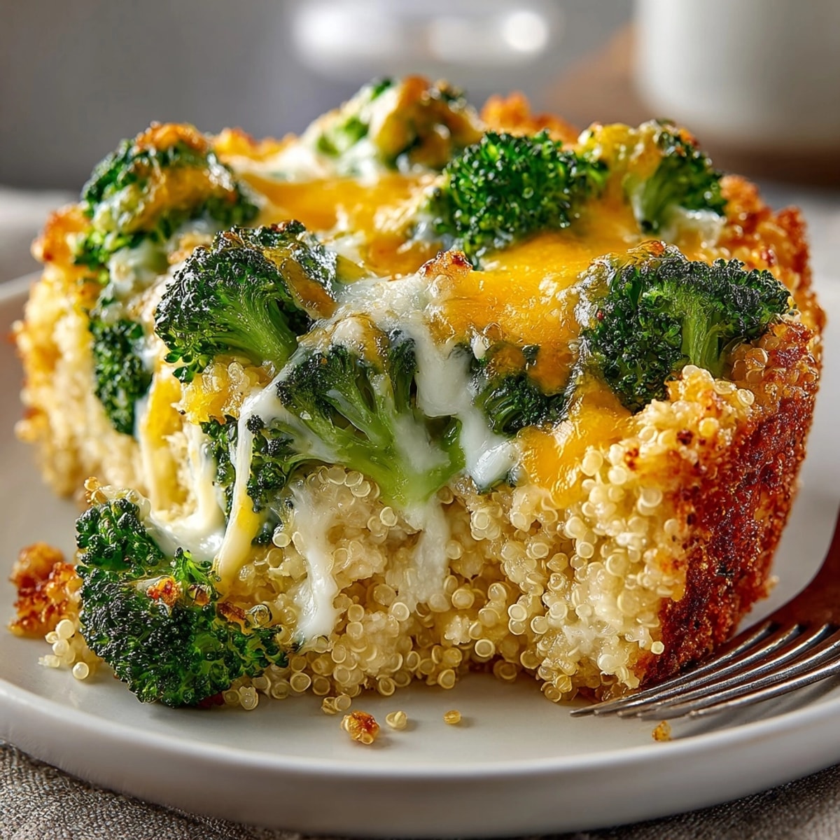 Baked cheesy broccoli quinoa casserole image—golden brown, bubbly, and ready to serve.