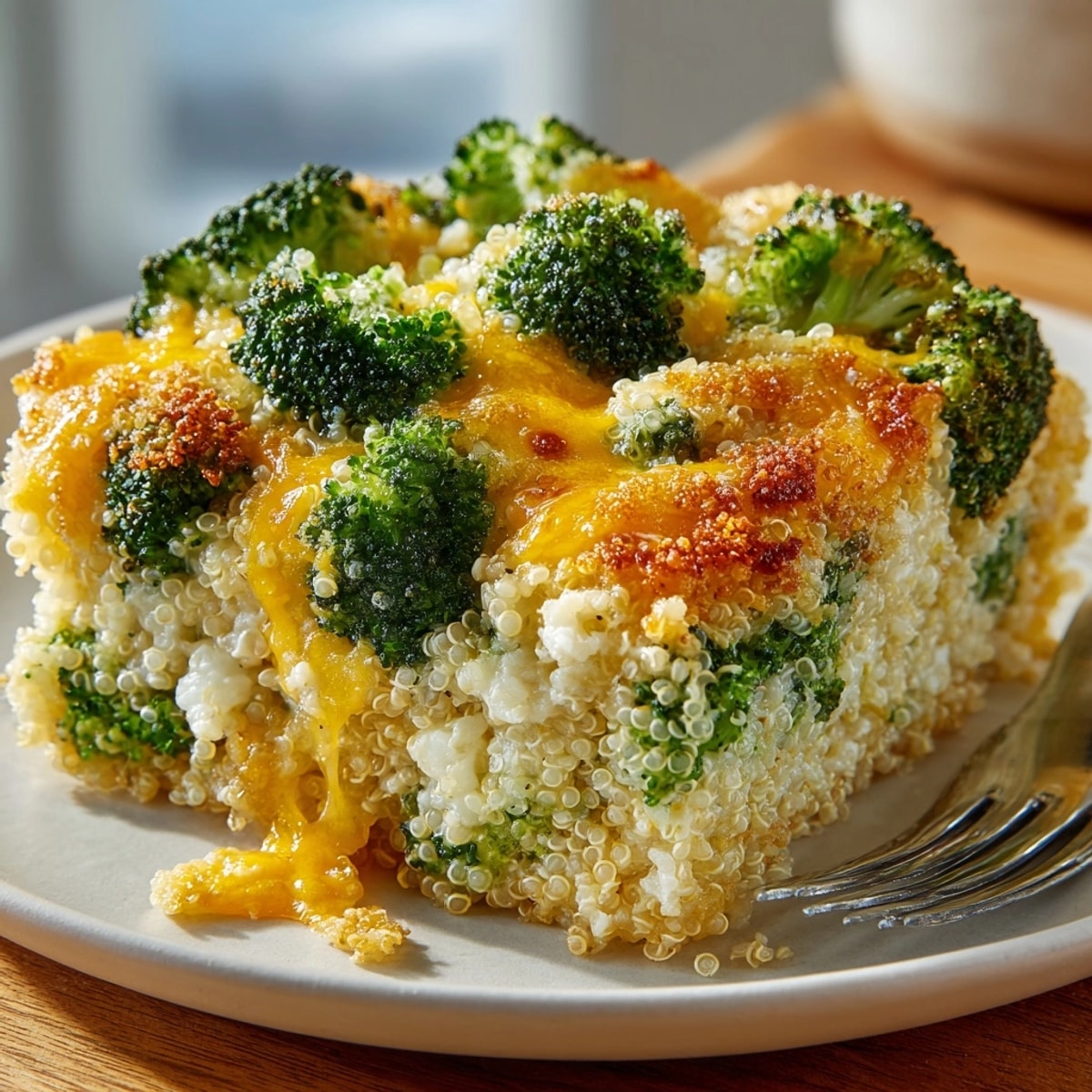 Creamy cheesy broccoli quinoa casserole, warm and comforting, a perfect easy weeknight dinner.