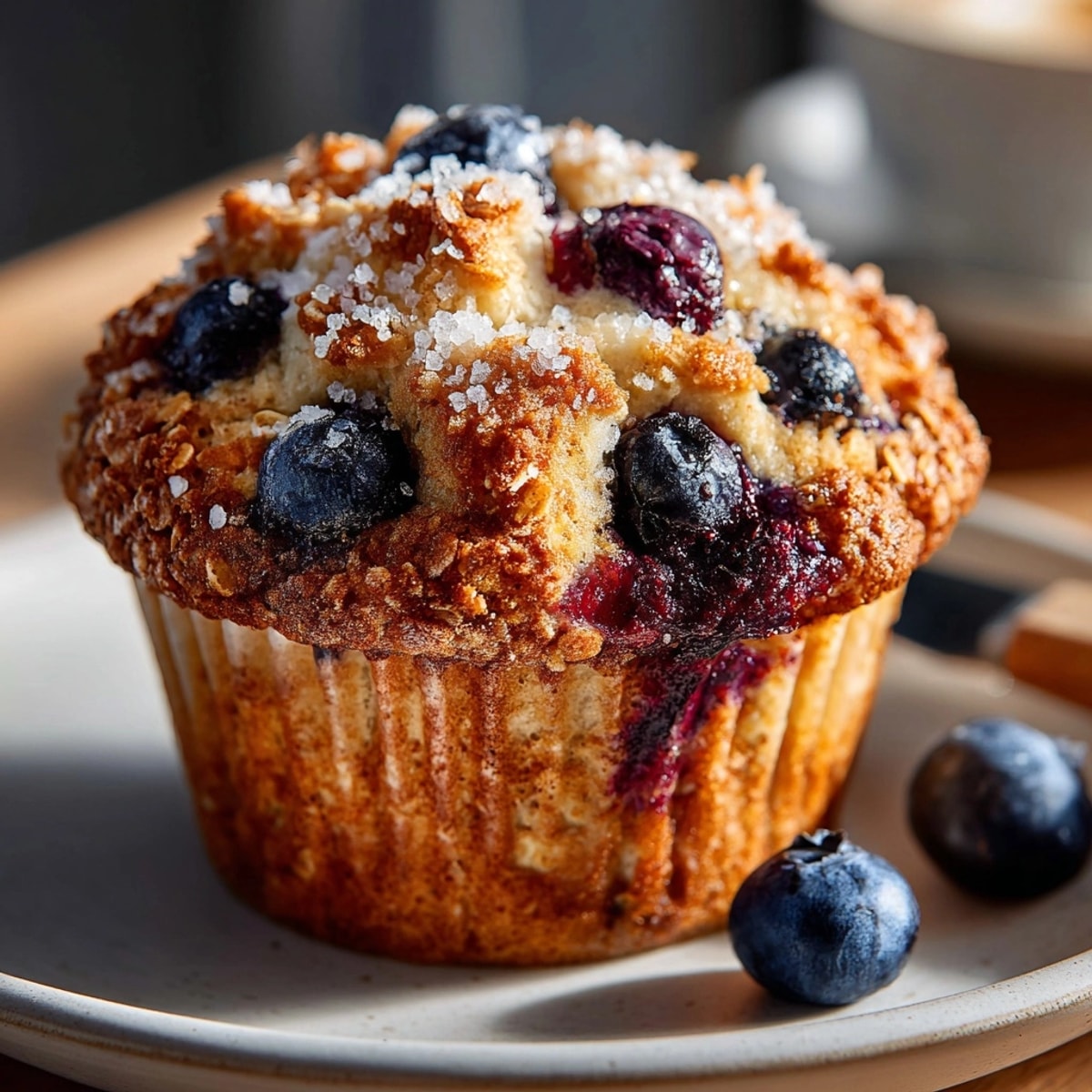 Golden Oatmeal Blueberry Breakfast Muffins fresh from the oven, aroma filling the kitchen.