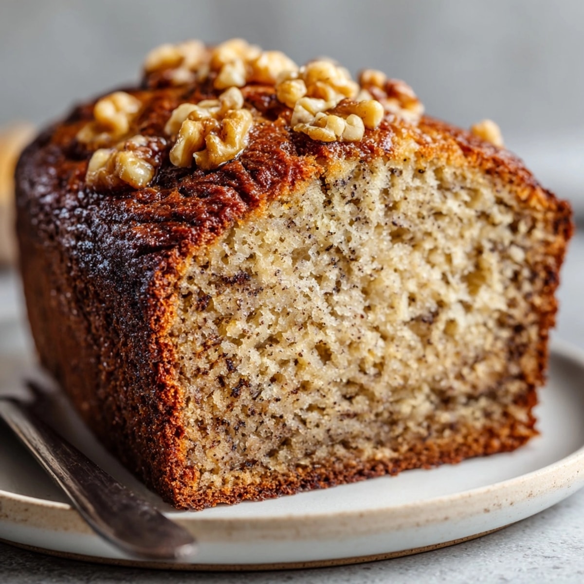 Easy Whole Wheat Banana Bread recipe: See the soft, nutty crumb in this close-up shot.