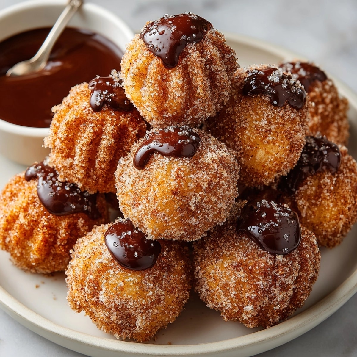 Crispy, golden Cinnamon-Sugar Churro Bites, ready for dipping in warm chocolate sauce.