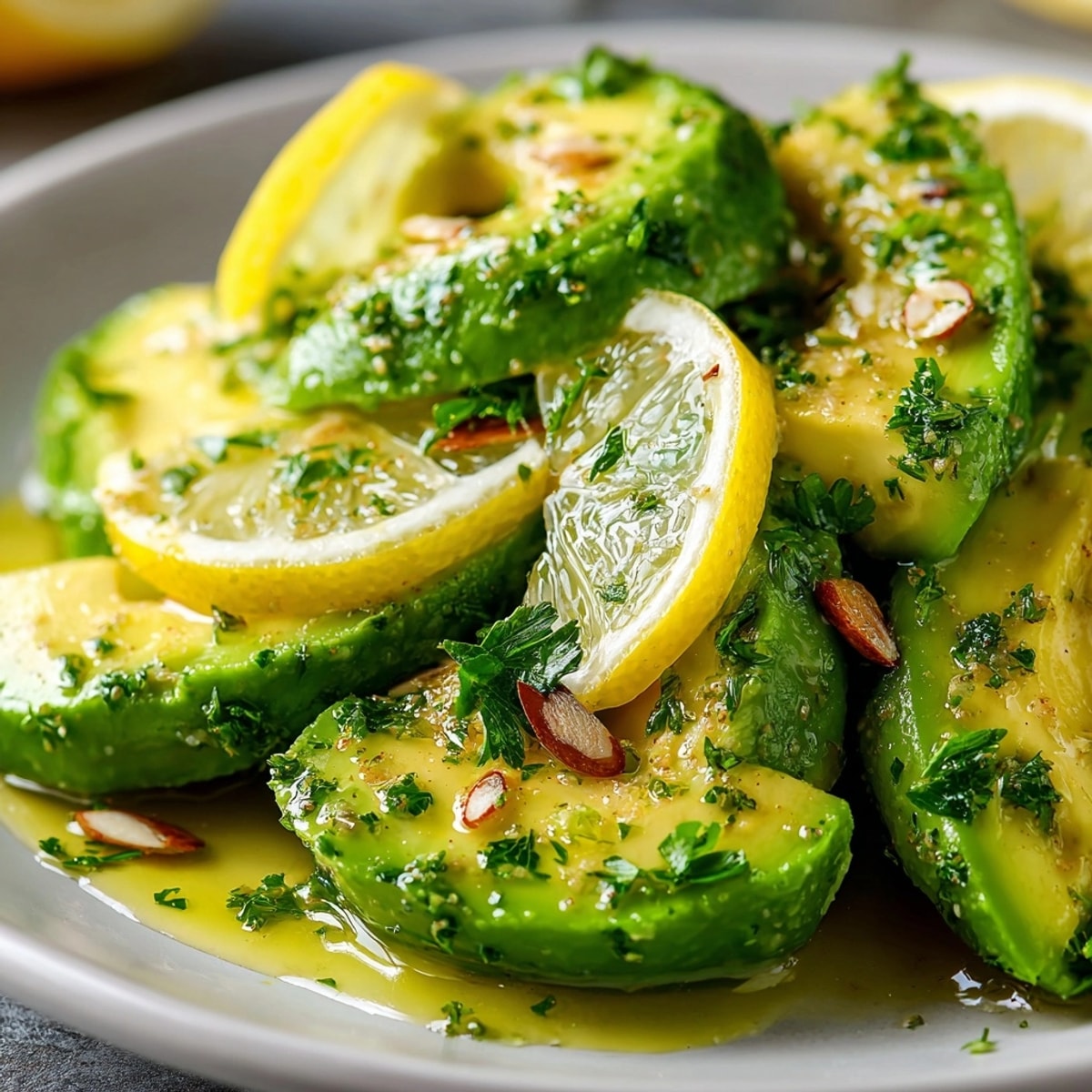 Tangy Lemon Avocado Salad with Toasted Almonds, glistening bright, perfect spring lunch recipe.