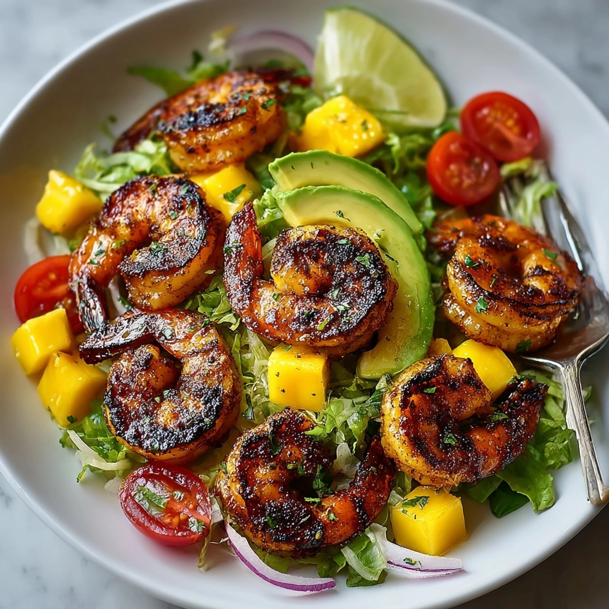 Grilled shrimp and mango salad: vibrant colors hint at fresh, sweet, smoky tropical flavors.