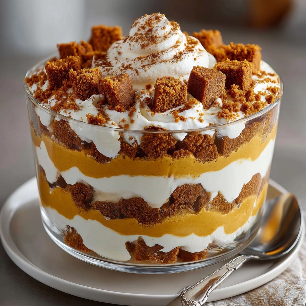 Rich Pumpkin Spice Layered Trifle: Creamy layers swirled with warm spices, ready to impress.