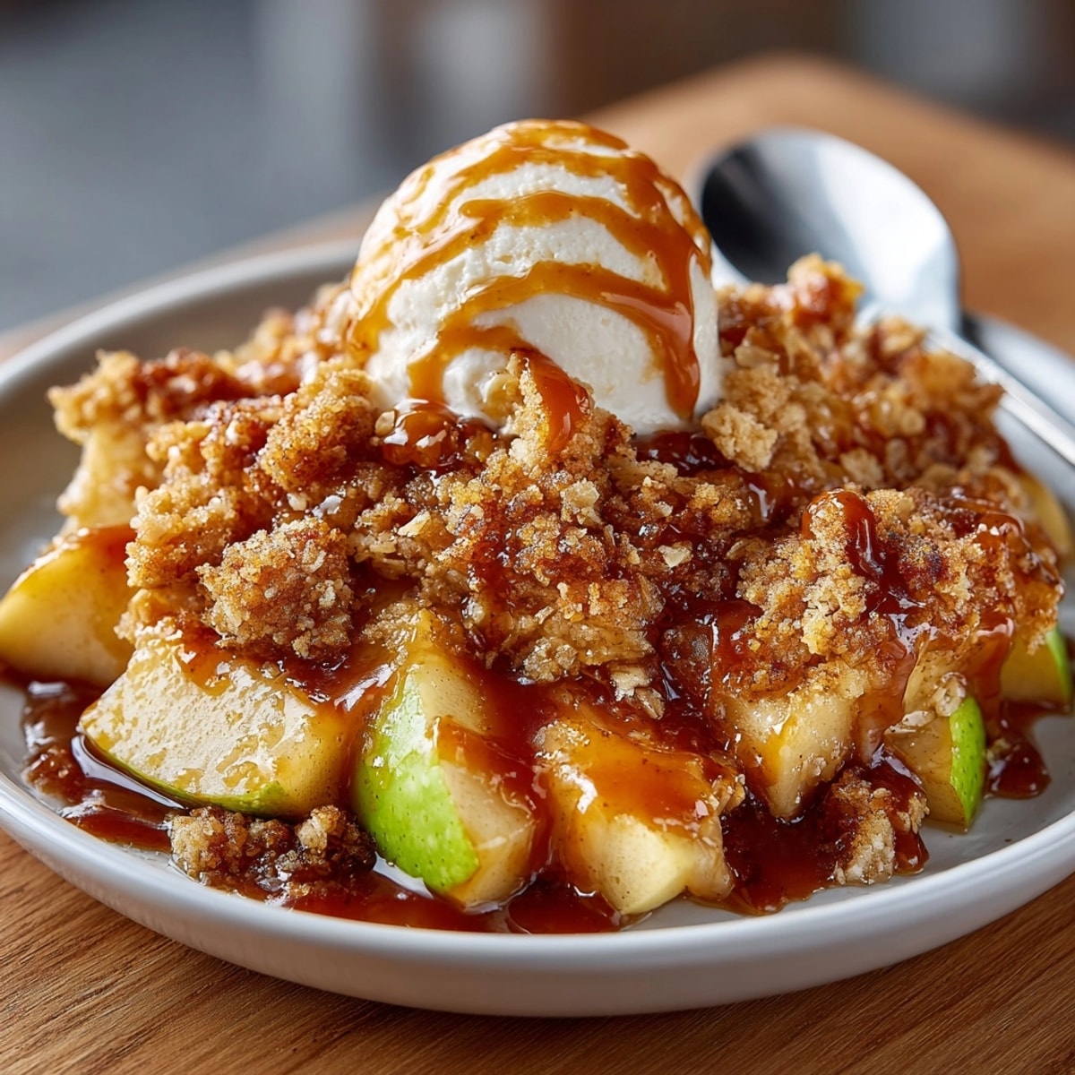 Golden Salted Caramel Apple Crisp bubbling hot, served with a scoop of vanilla ice cream.