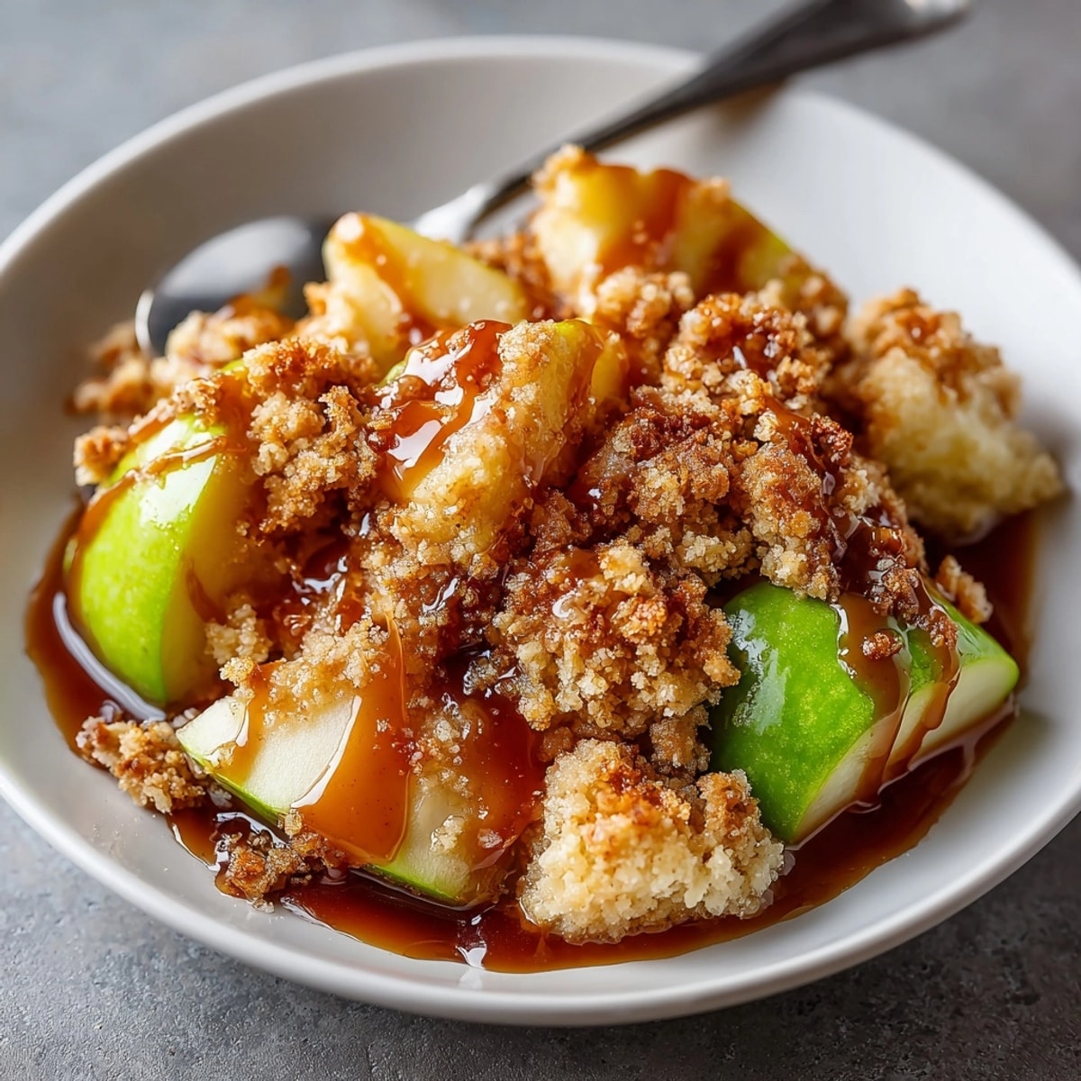 Close-up of flaky oat topping on a Salted Caramel Apple Crisp—perfect fall dessert baking.