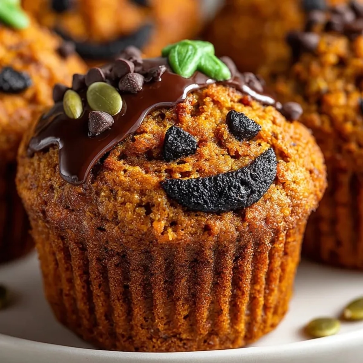 Golden brown whole wheat pumpkin muffins, dotted with chocolate faces, ready for fall snacking.