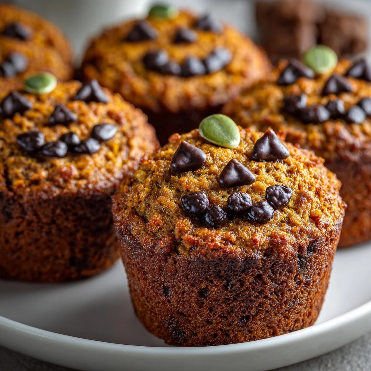 Homemade whole wheat pumpkin muffins displayed on a wire rack, decorated with jack-o'-lantern faces.