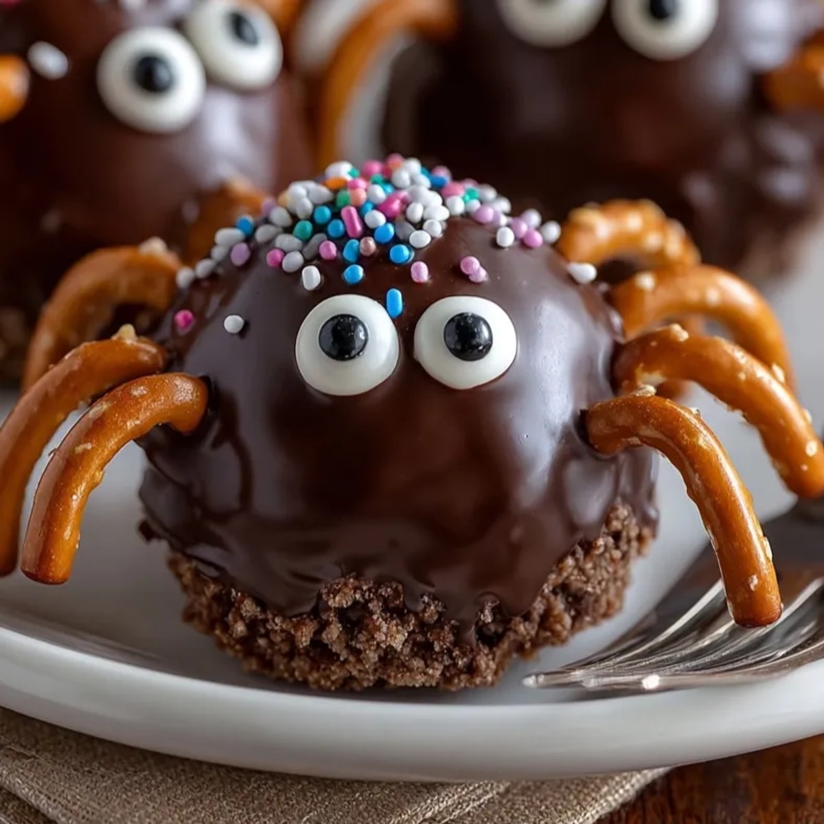 Close-up of homemade No-Bake Spider Oreo Truffles with candy eyes and pretzel legs.