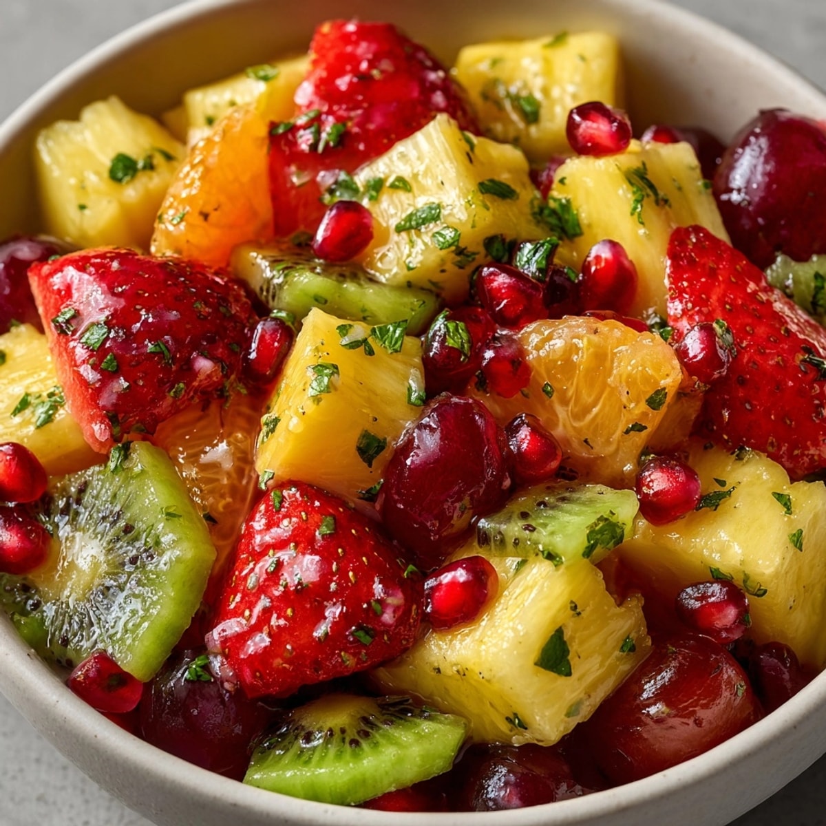 A sparkling Holiday Fruit Salad dressed with sweet citrus and fragrant mint, chilled and ready.