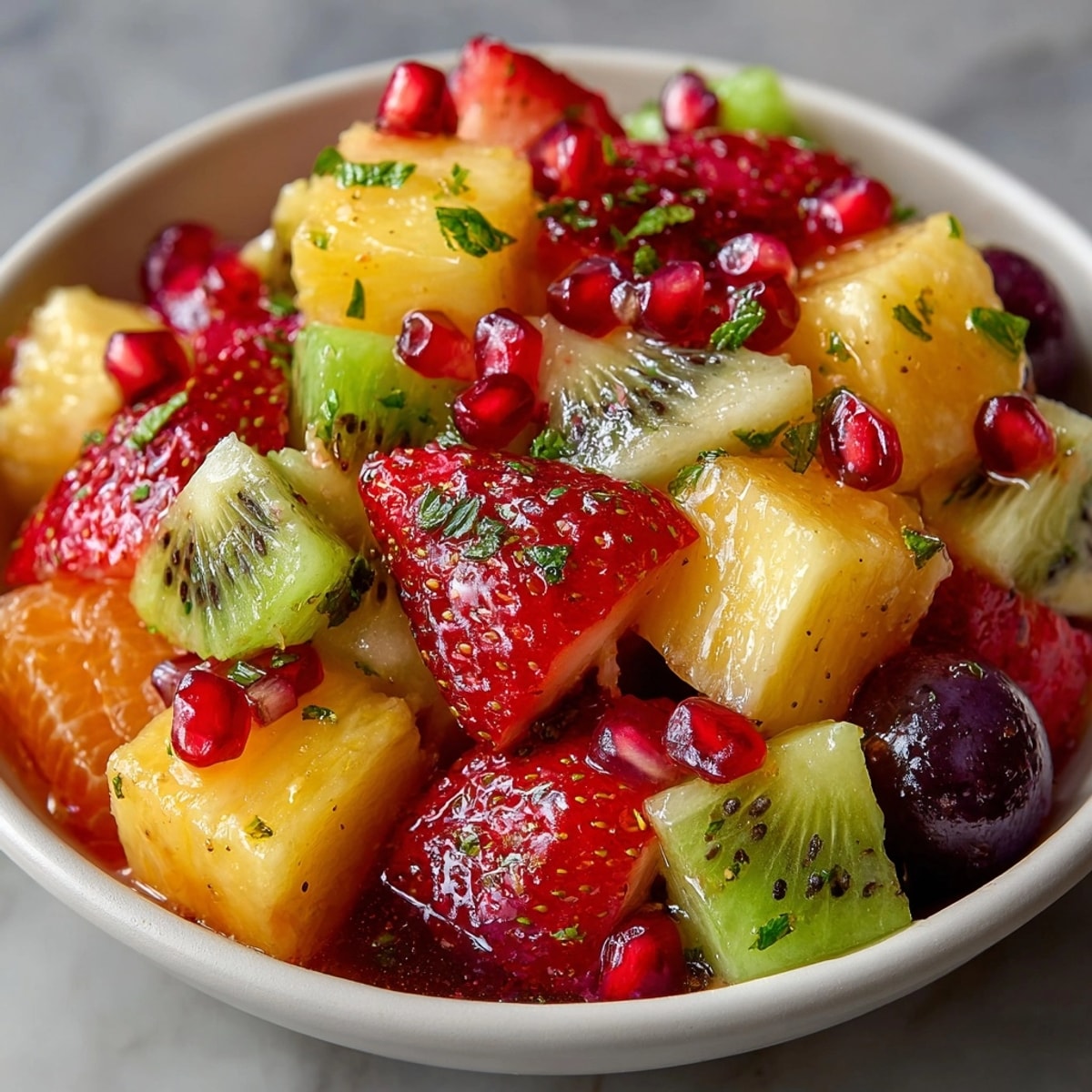 Festive Holiday Fruit Salad: Close-up reveals juicy segments and glistening pomegranate seeds, a refreshing dessert.