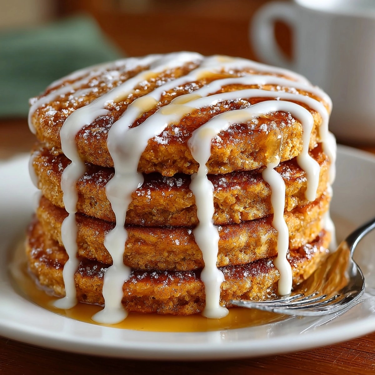 Stacked gingerbread pancakes coated in sweet vanilla glaze, ready for a cozy brunch.