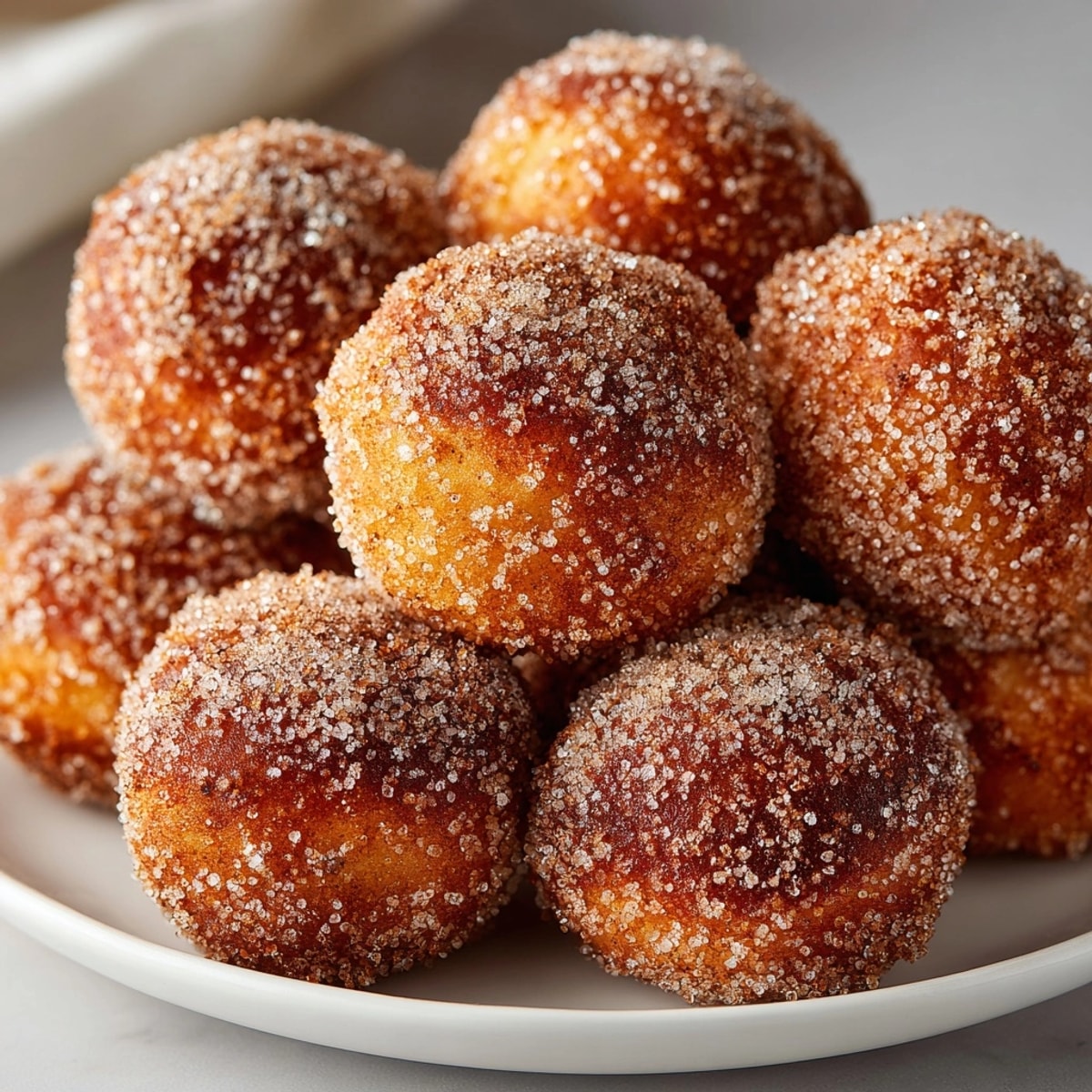 Golden brown Hot Apple Cider Donut Holes, air-fried and coated in cinnamon sugar.