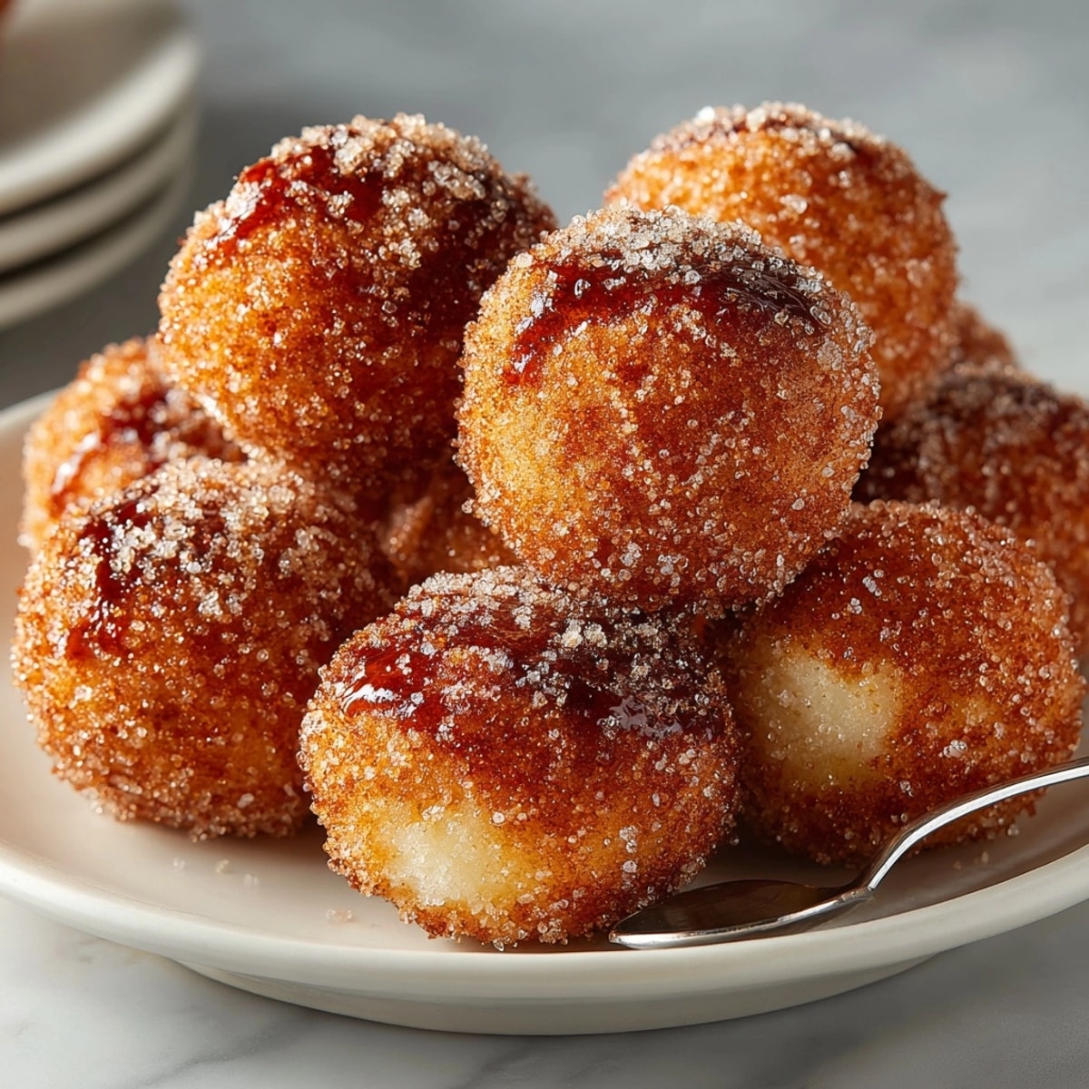 Warm, soft apple cider donut holes plated, hinting cinnamon sweetness, autumnal treat.
