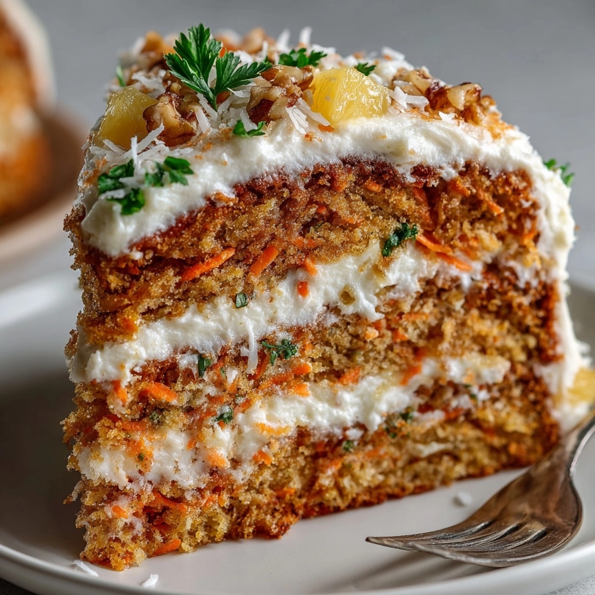 Moist Carrot Cake with Pineapple Cream Cheese Frosting: a delicious, warmly spiced, layered dessert.