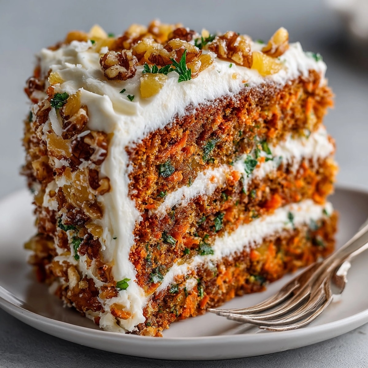 Homemade spiced Carrot Cake recipe, topped with a rich, sweet, and tropical pineapple frosting.