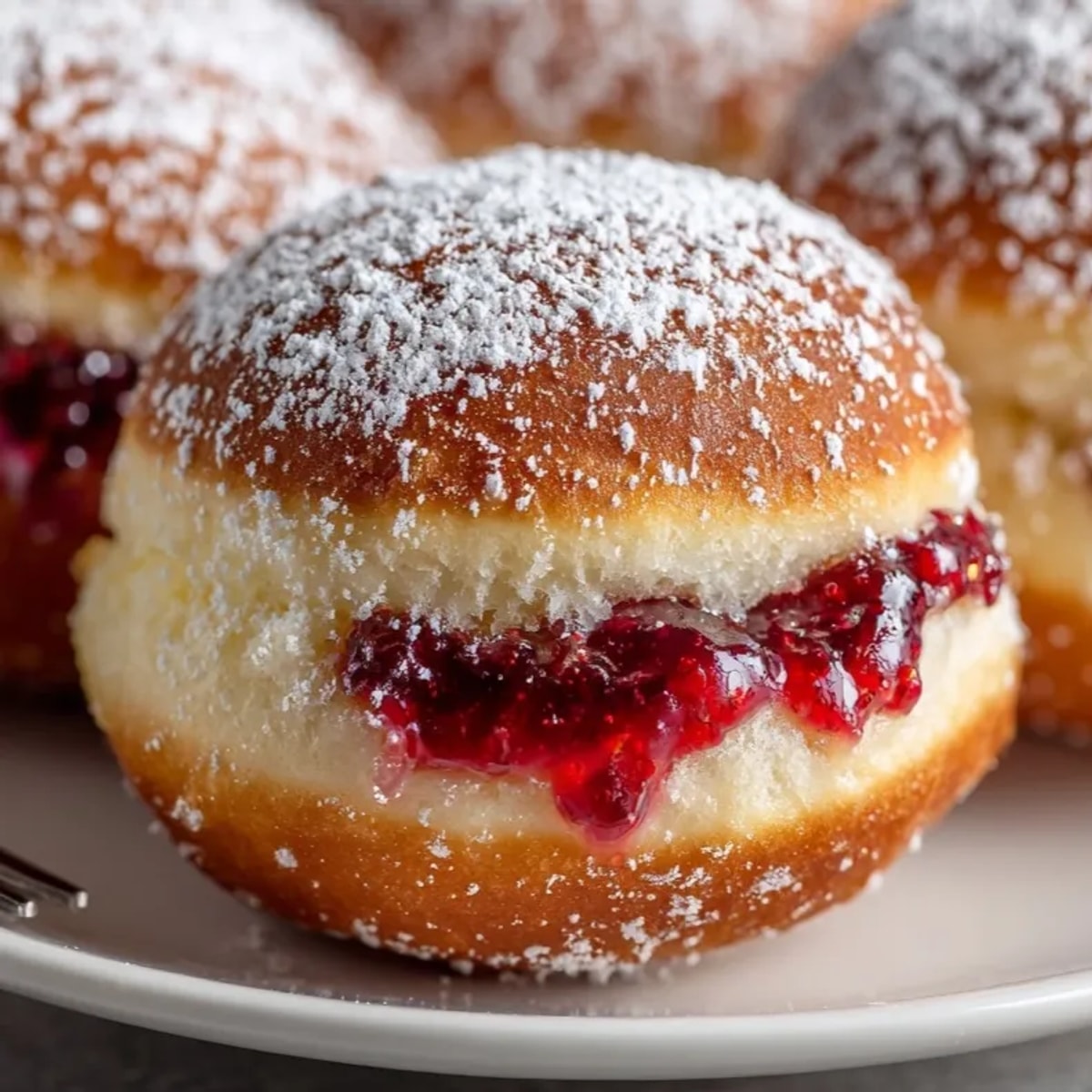 Golden baked sufganiyot with a snowy sugar dusting and a generous burst of jam.