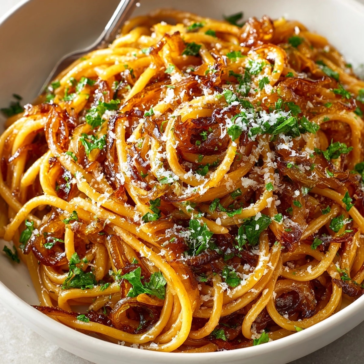 Close-up of creamy Caramelized Onion Pasta, glistening with olive oil and herbs.