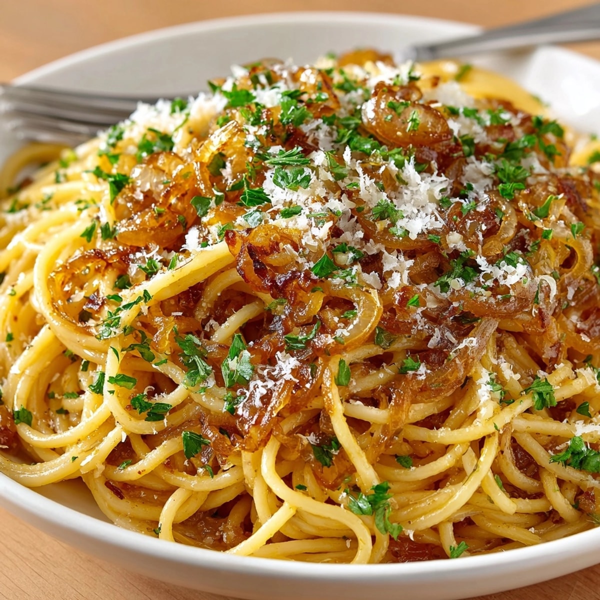 Bowl of comforting Caramelized Onion Pasta, topped with Parmesan, ready to eat.