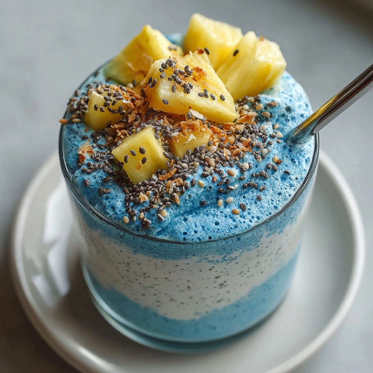 Creamy Erewhon Coconut Cloud Smoothie swirled with blue spirulina, a tropical, healthy vegan treat.