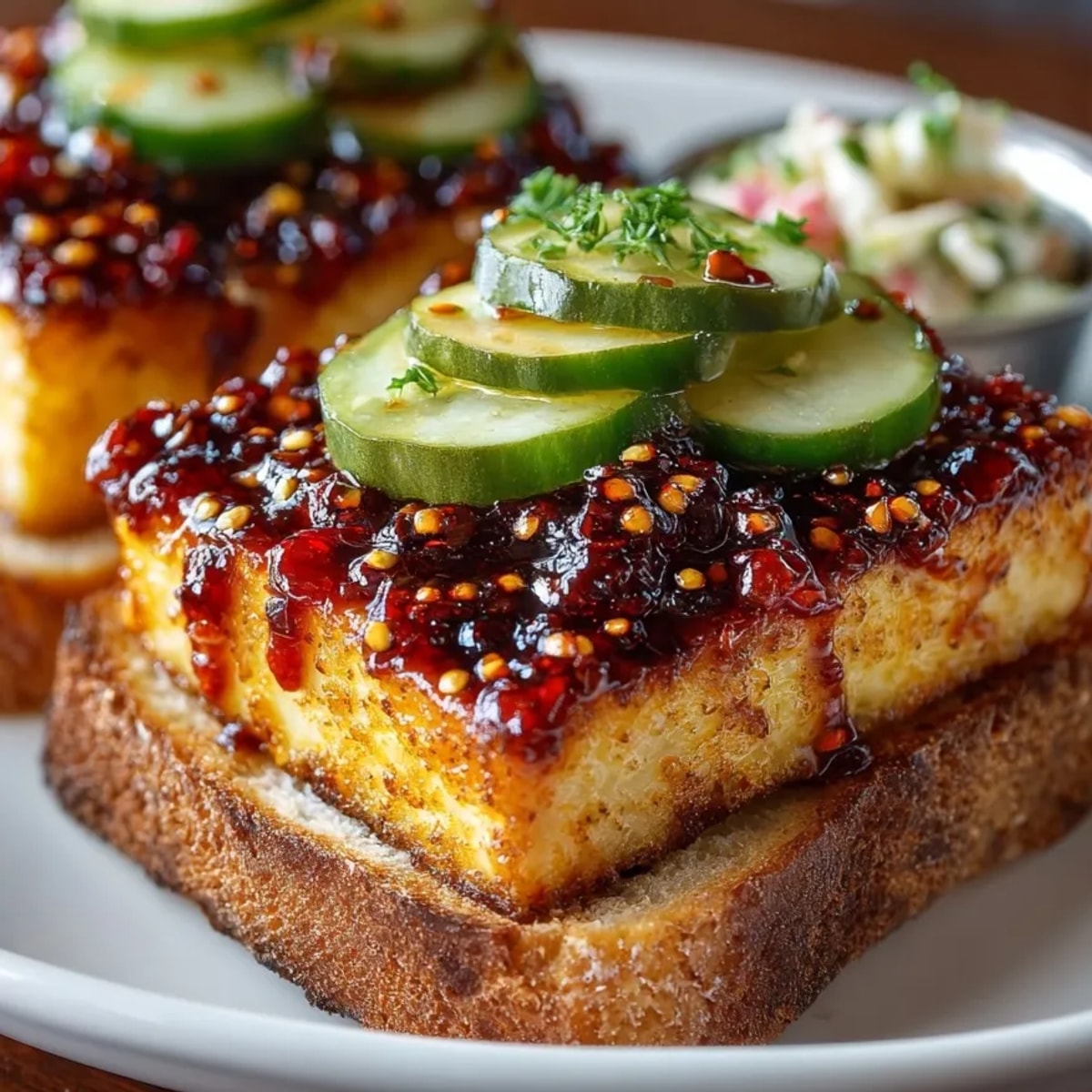 Crispy Nashville Hot Tofu, glistening with chili oil, served on a fluffy bun.