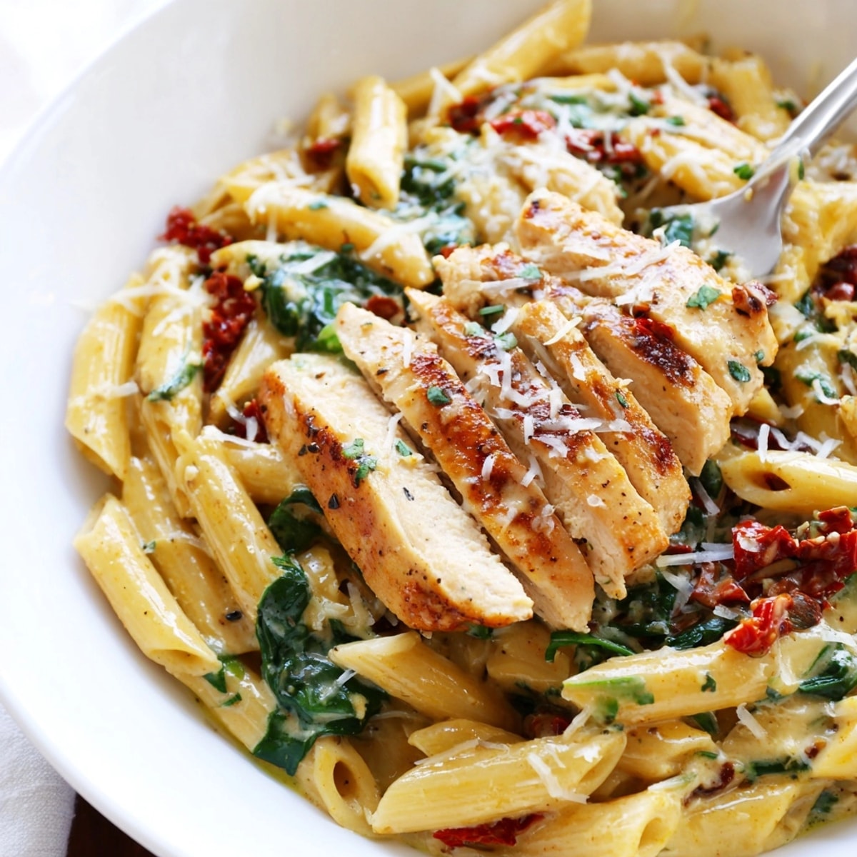 Creamy Tuscan Chicken Pasta: A delicious swirl of tender chicken, fragrant herbs, and rich cream.
