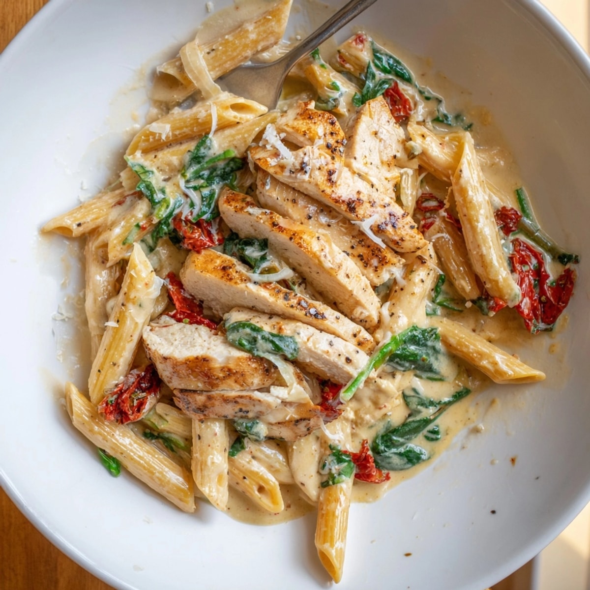 Indulge in homemade Creamy Tuscan Chicken Pasta; spinach, sun-dried tomatoes bathed in garlic cream.
