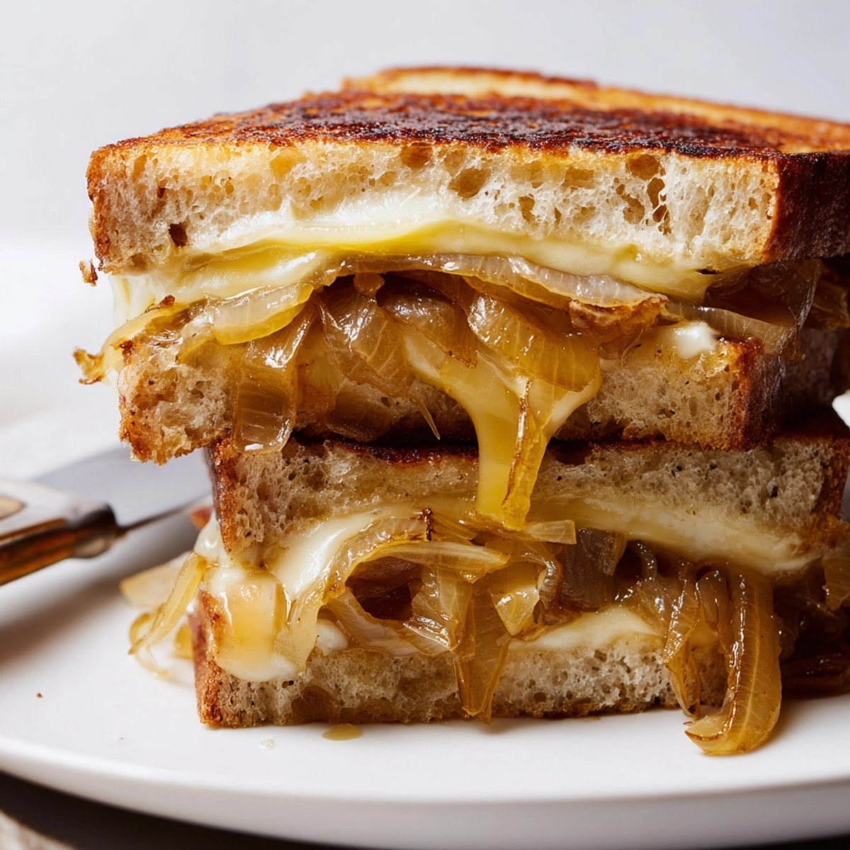 Close-up of a golden French Onion Grilled Cheese with Gruyère oozing and caramelized onions.