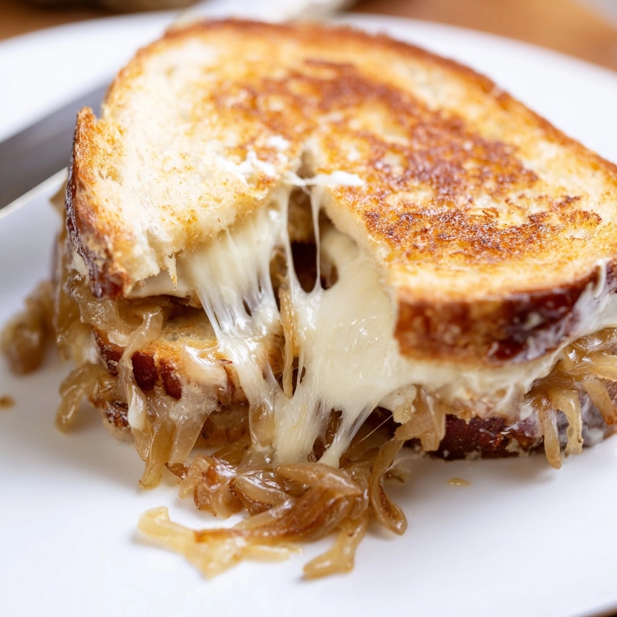 Warm, melted French Onion Grilled Cheese sandwich on toasted sourdough, ready to eat.