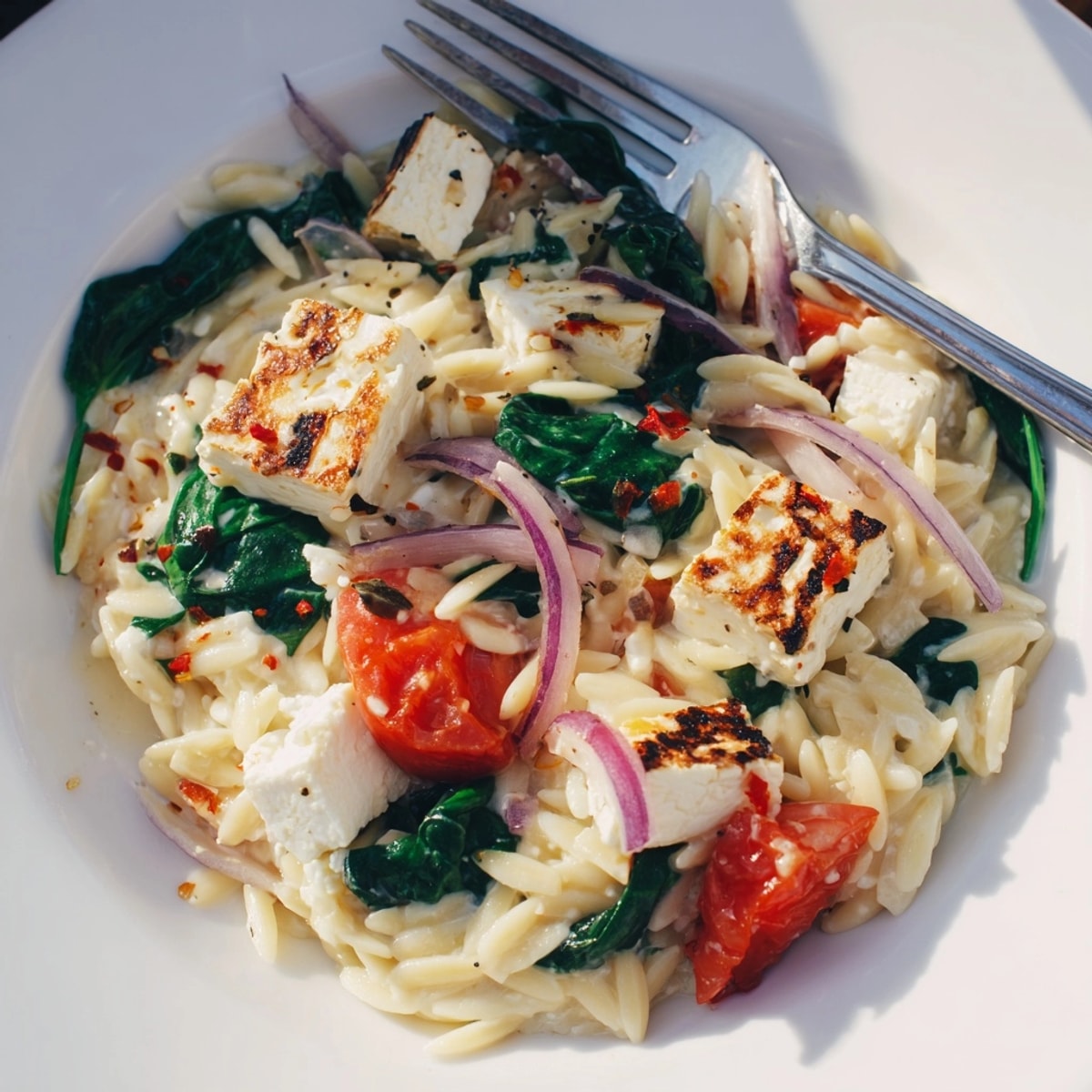 Baked feta orzo with spinach: Golden feta melting into a creamy, tangy tomato sauce.