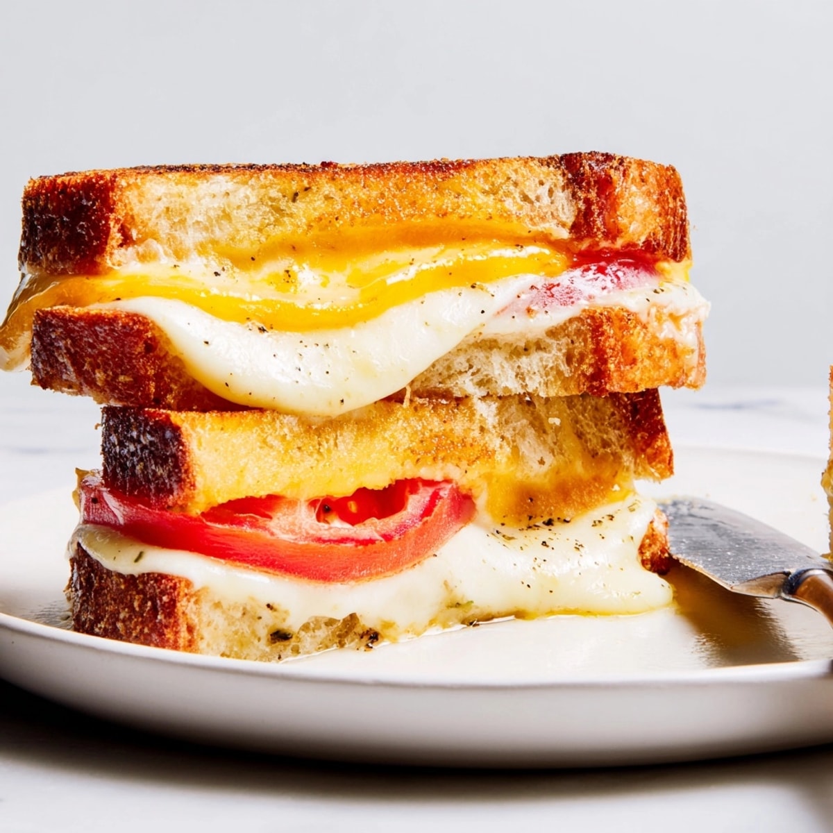 Easy Mayo-Crusted Grilled Cheese Hack recipe: Close-up of toasted bread, melted cheese pull.