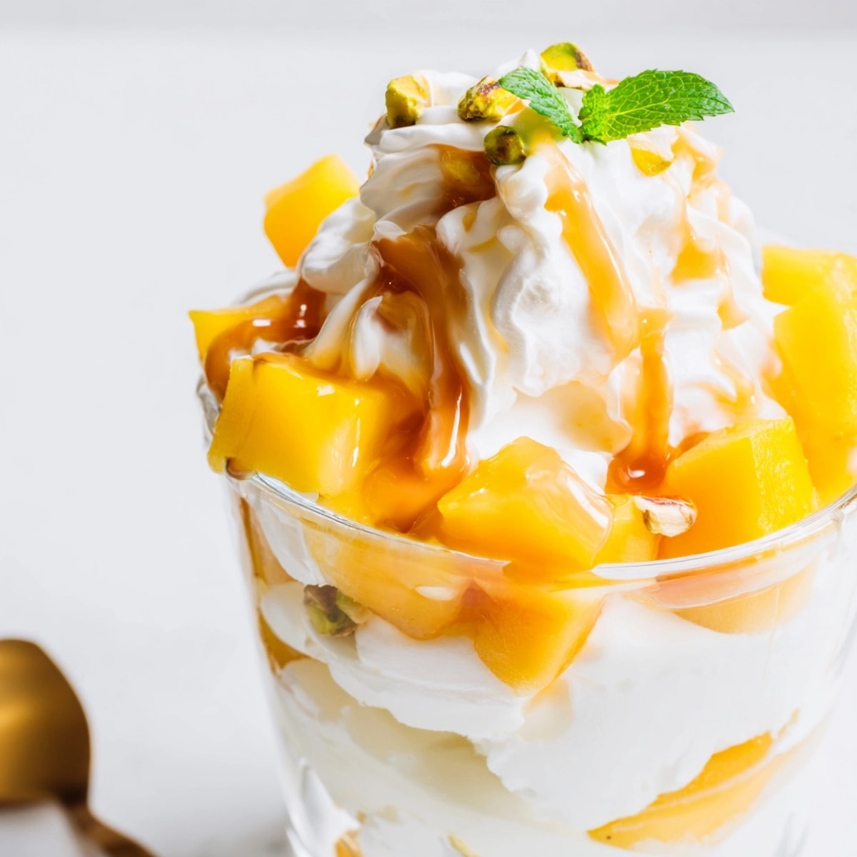 Golden caramel drizzled over a chilled Mango Caramel Ricotta Parfait, sweet and decadent.