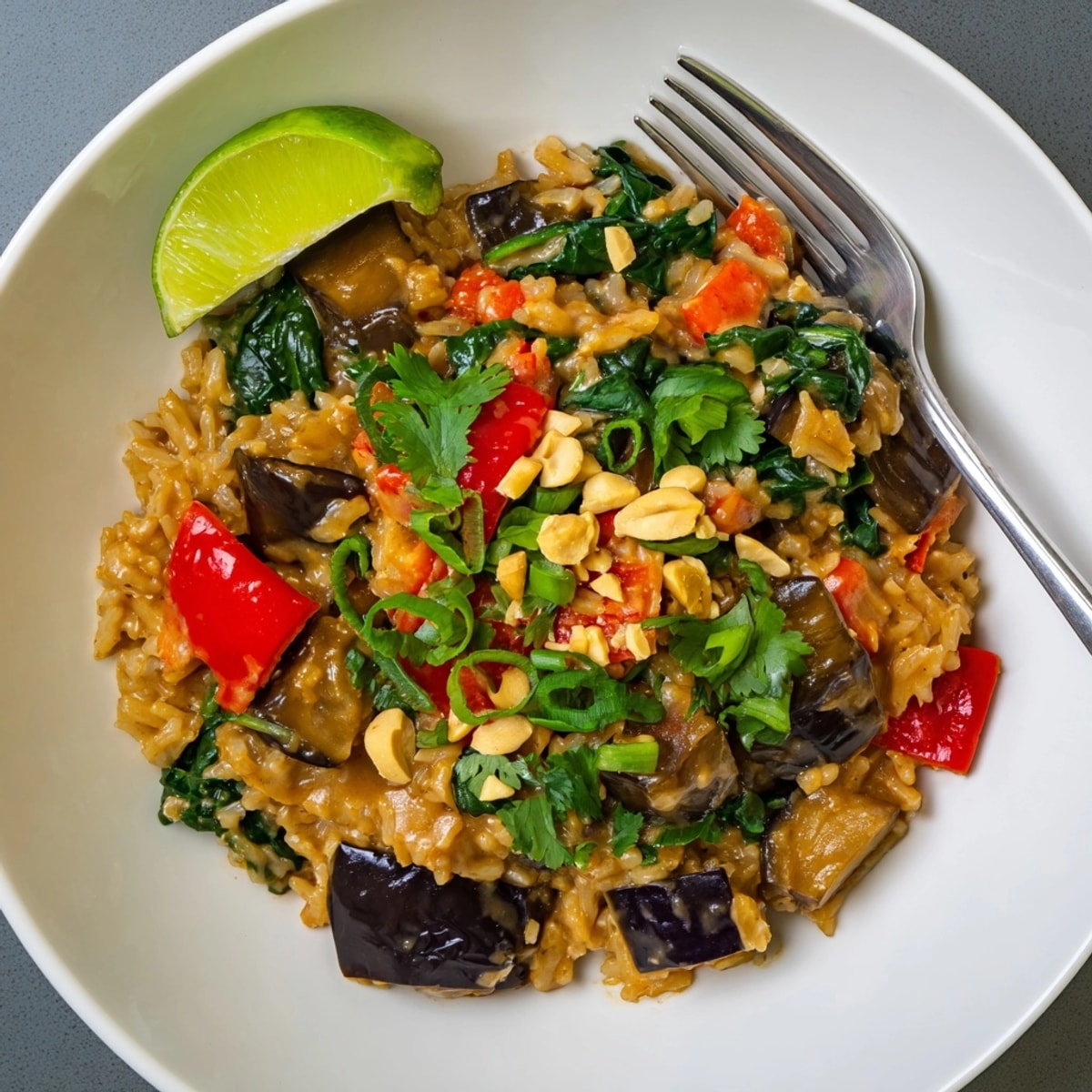 Golden bubbling Thai Peanut Eggplant Rice Bake, a flavorful and comforting casserole.