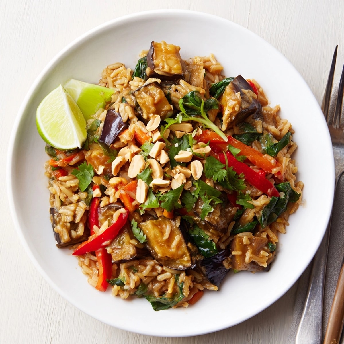 A savory, steaming Thai Peanut Eggplant Rice Bake ready for serving–fragrant peanut sauce.
