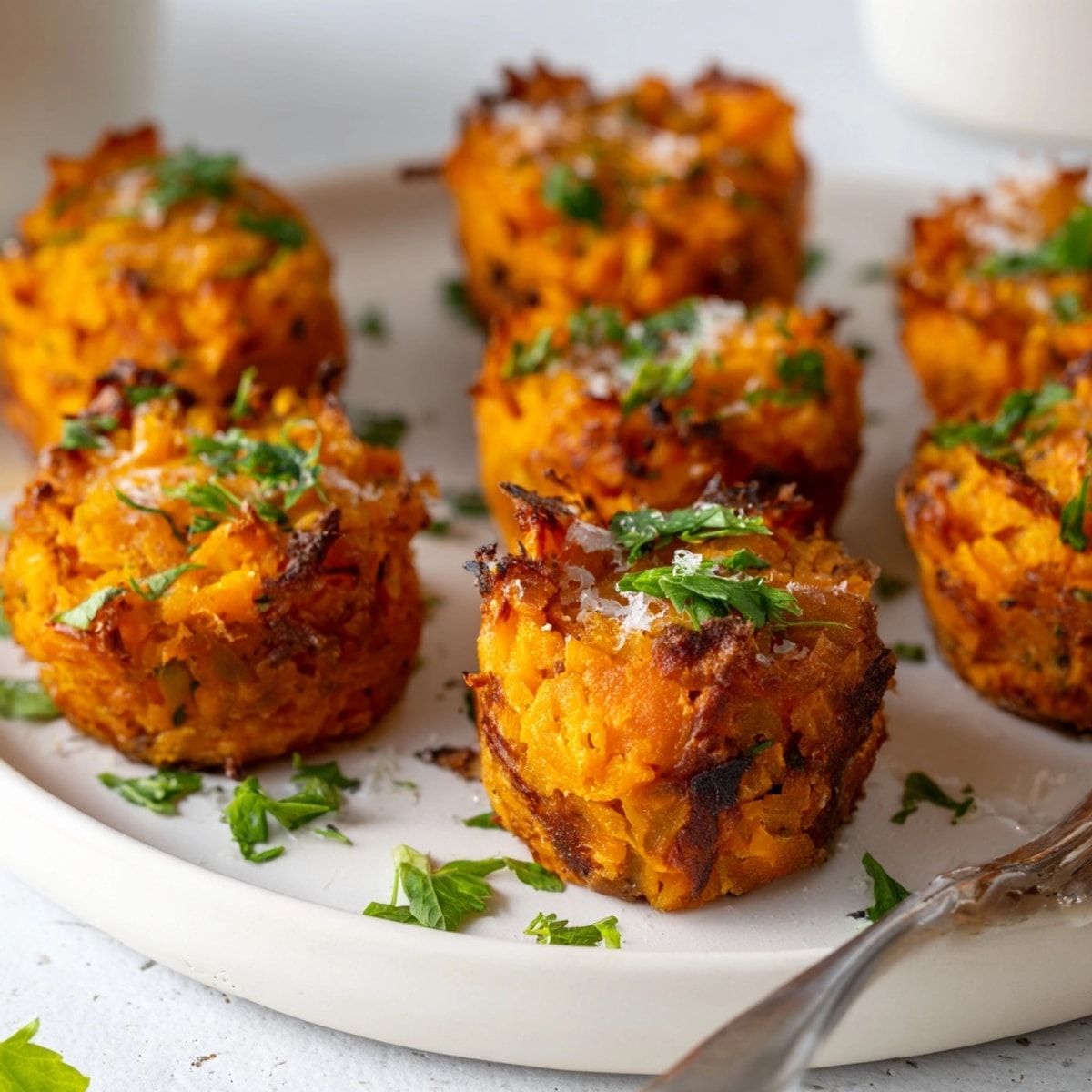 Pile of fluffy Garlic Parmesan Sweet Potato Puffs showcases texture and golden crust with fresh herbs.