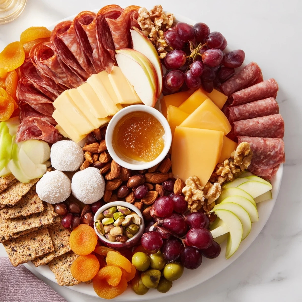 A vibrant charcuterie board with mochi donut holes, perfect for gatherings.  