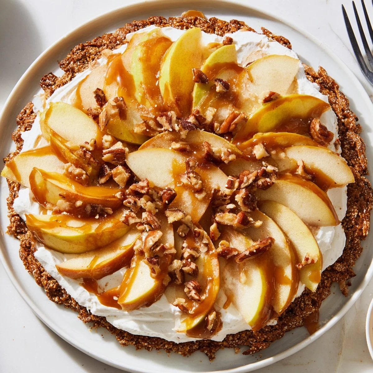 Decadent caramel apple pizza topped with salty pretzel crust and fresh apple slices.  