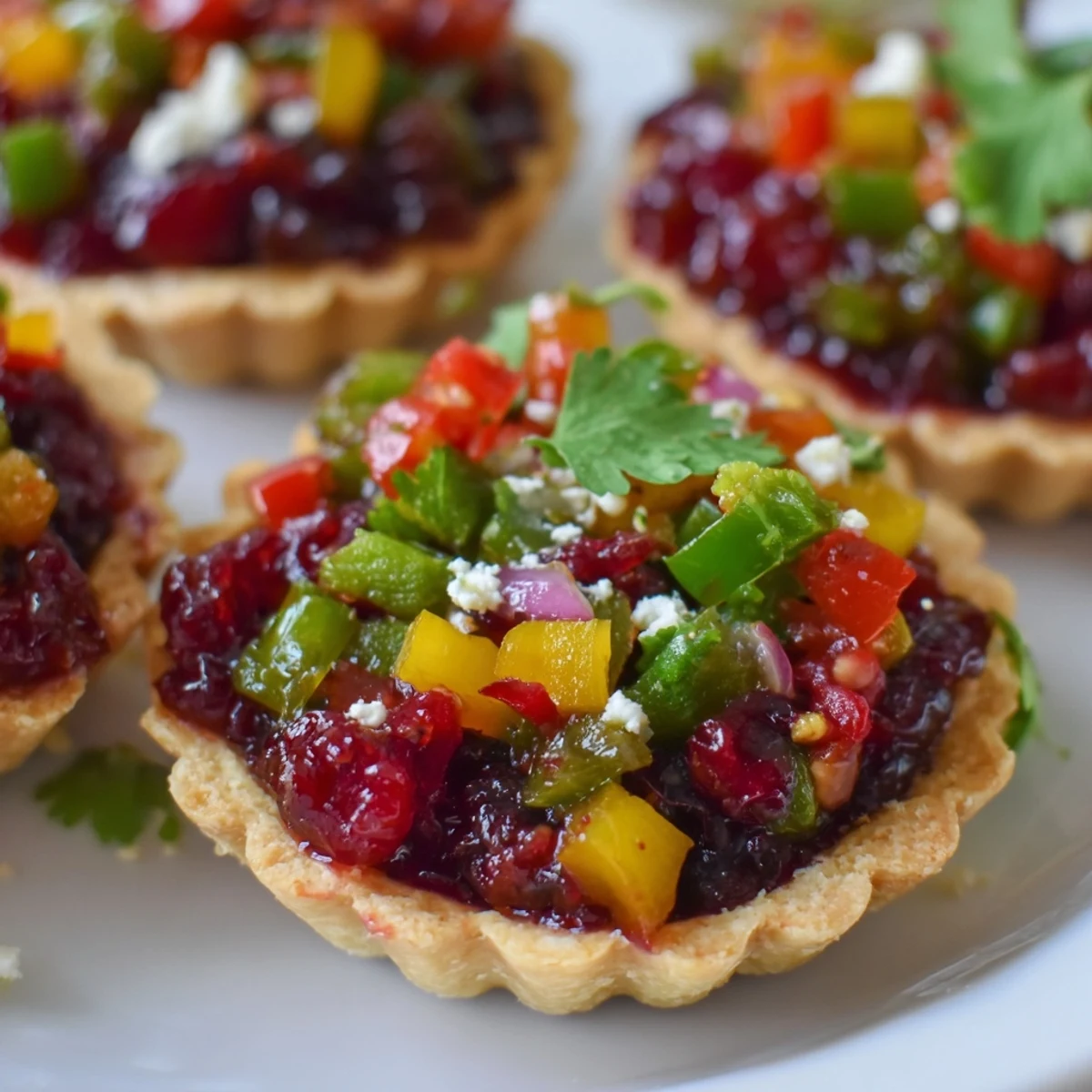 Colorful rainbow cranberry jalapeño tartlets topped with feta, ideal for festive gatherings.  
