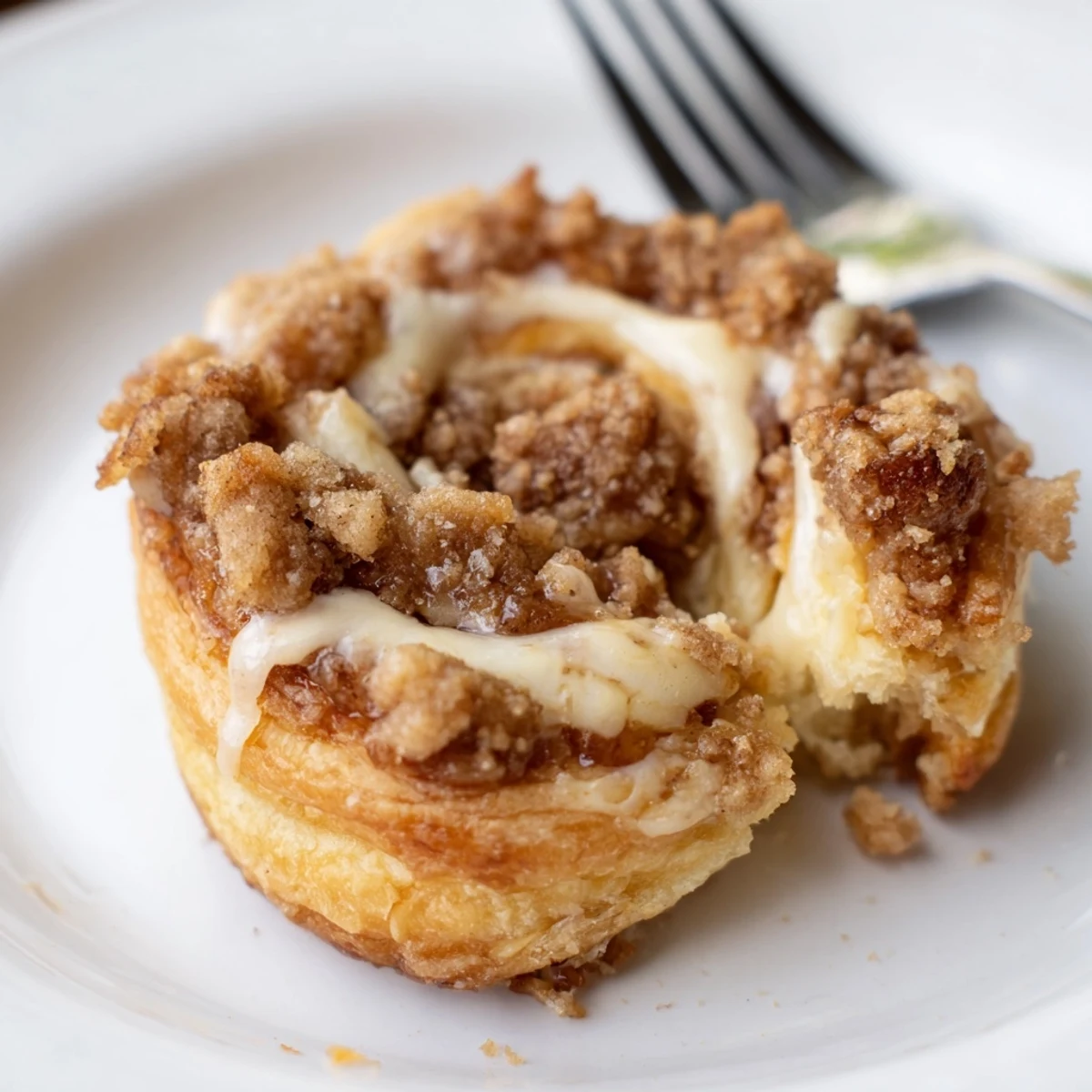 A freshly baked Coffee Cream Cheese Crumb Danish glistens with a sweet glaze, inviting bites.  