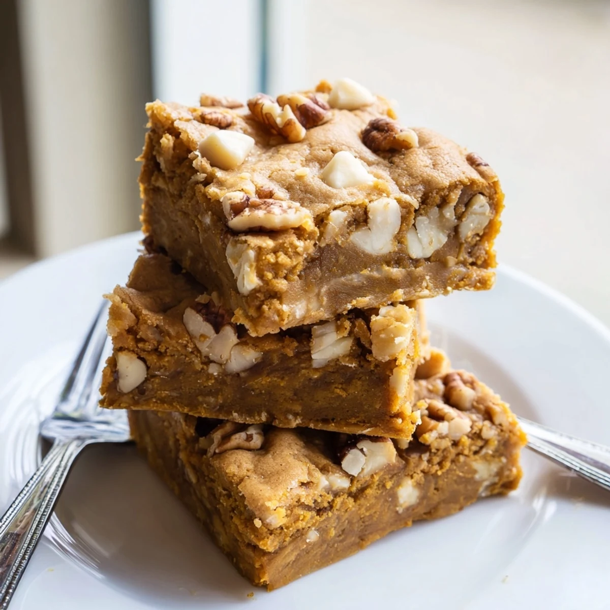 Rich Maple Bourbon Pumpkin Blondies topped with pecans, perfect for autumn dessert cravings.  