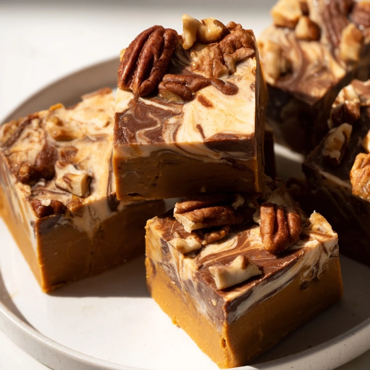 Rich mocha pumpkin praline fudge featuring melted white chocolate and aromatic spices.  