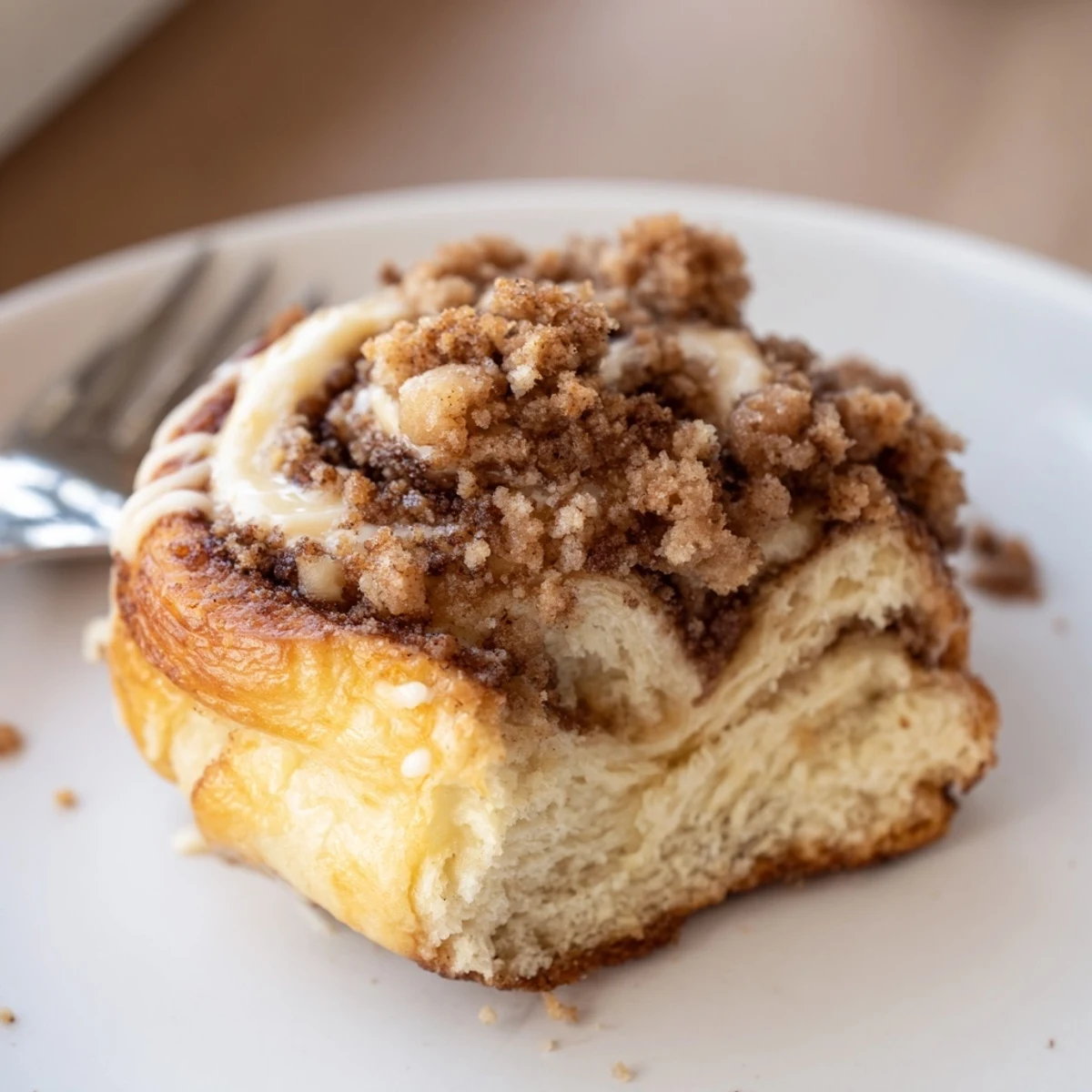 Creamy coffee cream cheese crumb Danish, drizzled with glaze and golden brown topping.  