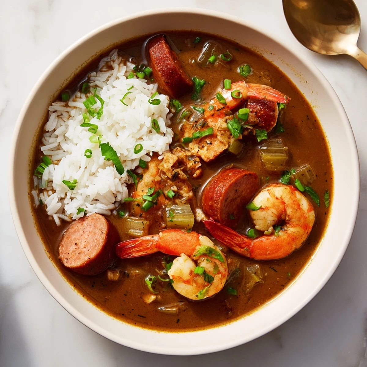 Hearty Louisiana Seafood Gumbo served over fluffy white rice with vibrant herbs.  