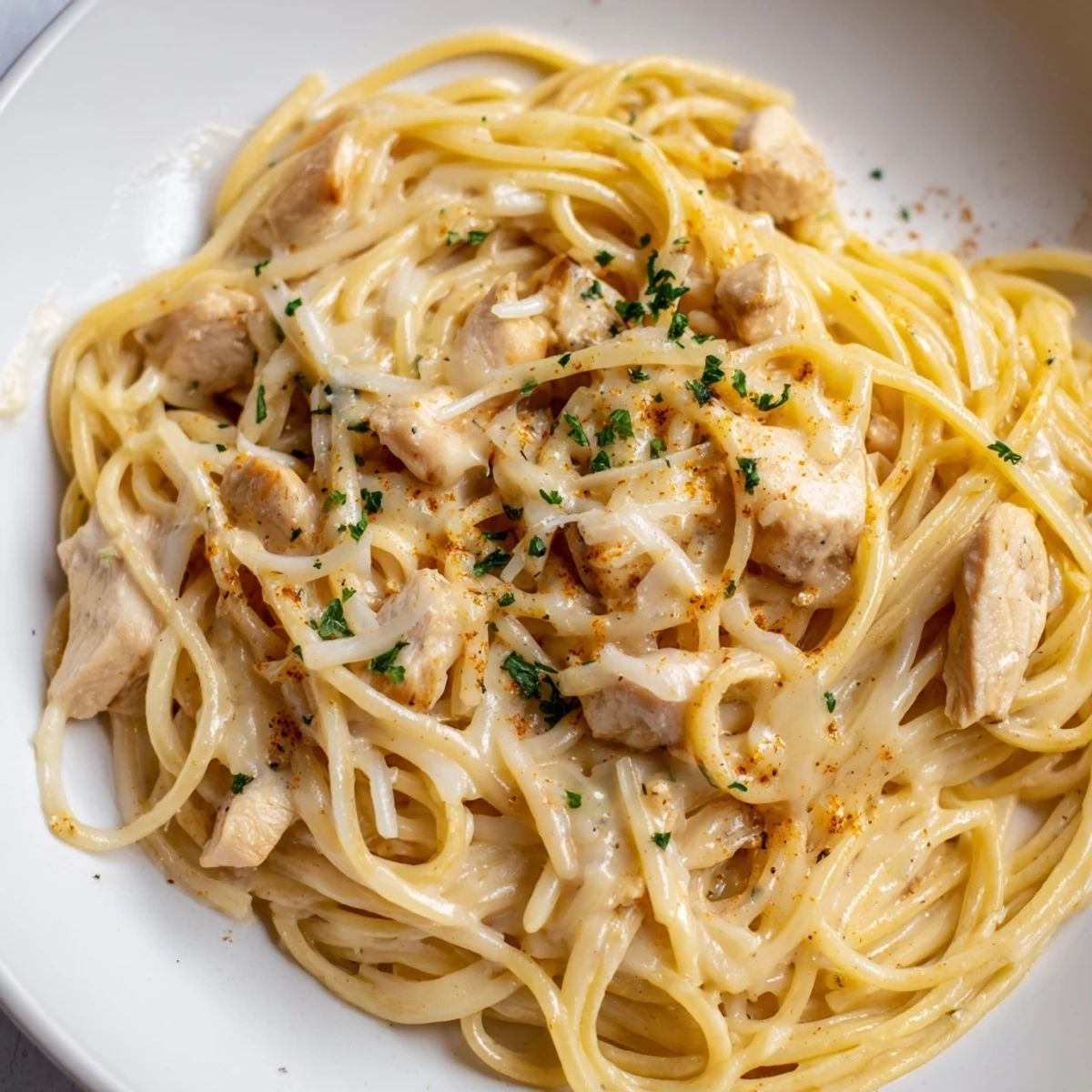 Creamy Monterey Chicken Spaghetti topped with melted cheese and fresh parsley.  