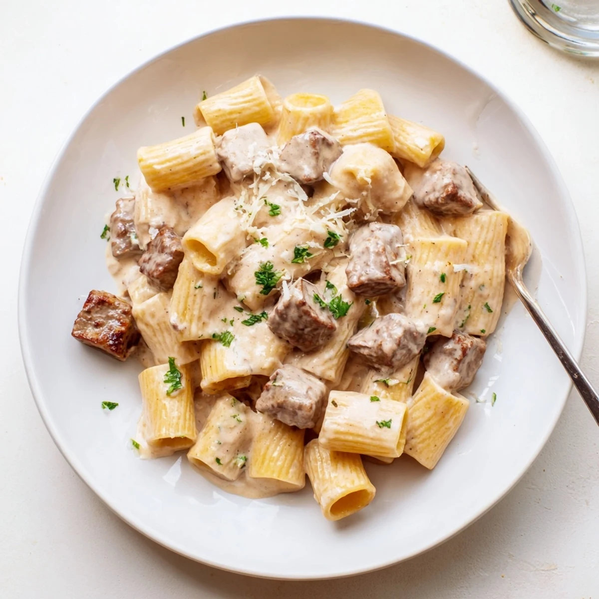 Delicious Garlic Butter Steak Parmesan Rigatoni, featuring tender steak and rich sauce.  