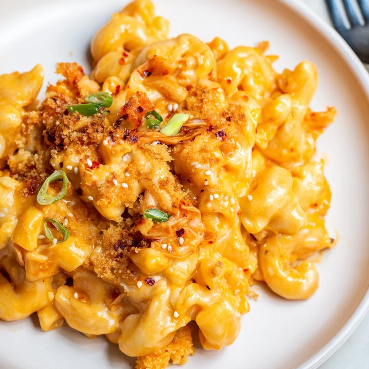 Creamy Spicy Kimchi Mac & Cheese topped with crunchy sesame adds bold flavor.  