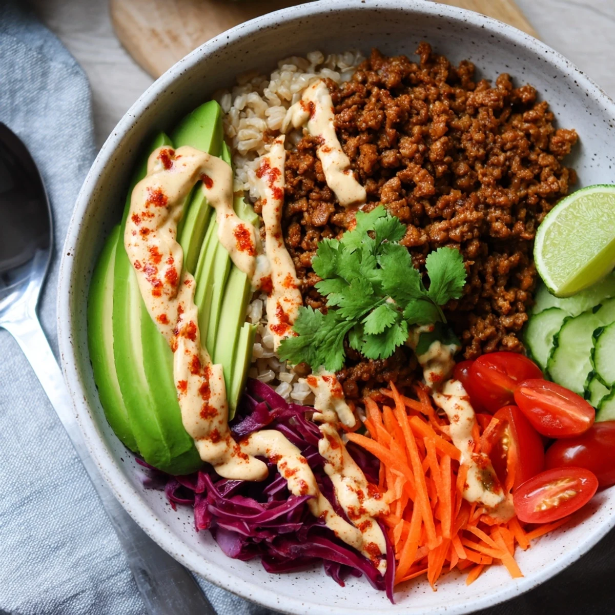 Savory plant-based meat bowl, garnished with avocado and fresh cilantro for flavor.