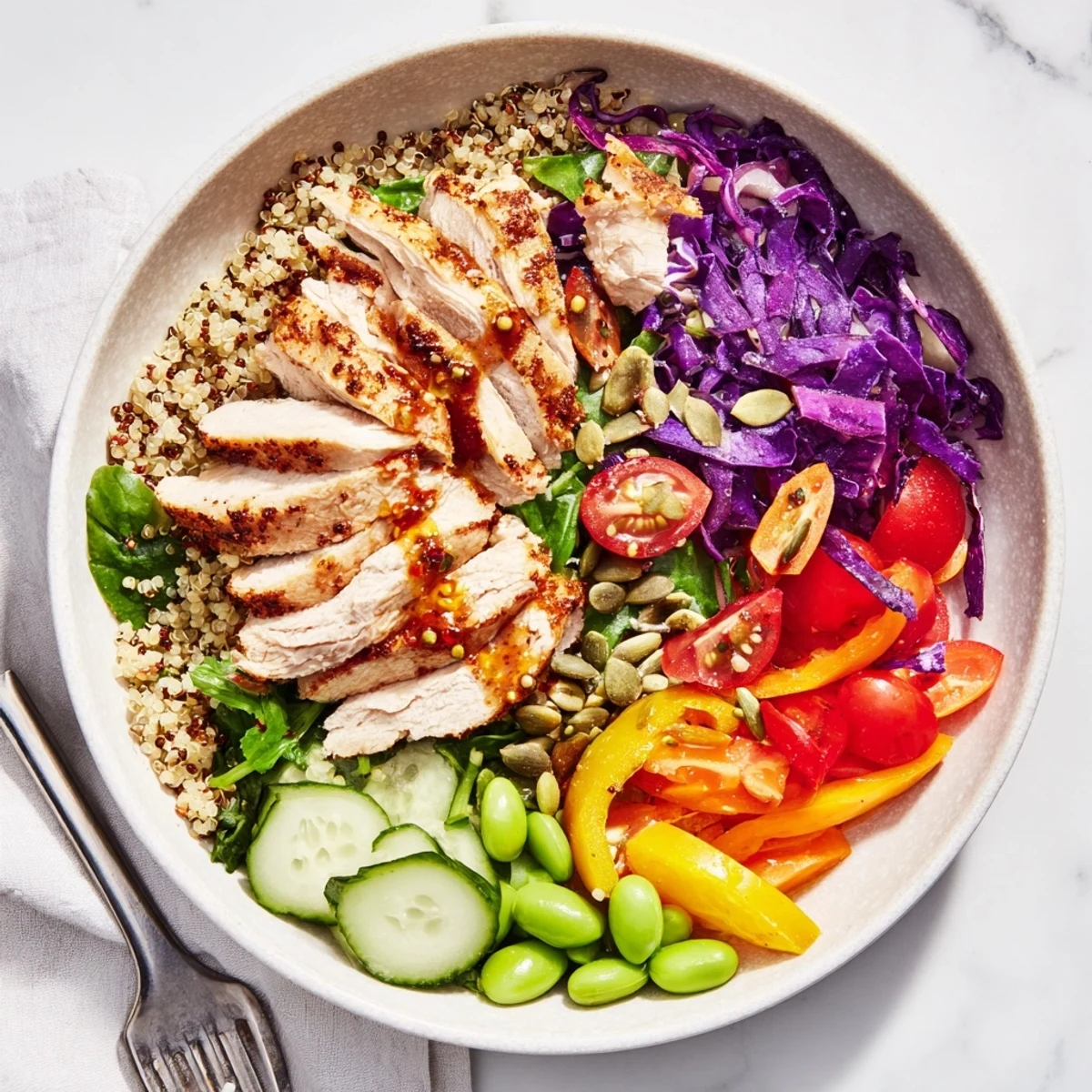 Nutrient-packed Healthy Meal-Prep Bowls garnished with pumpkin seeds and zesty dressing.  